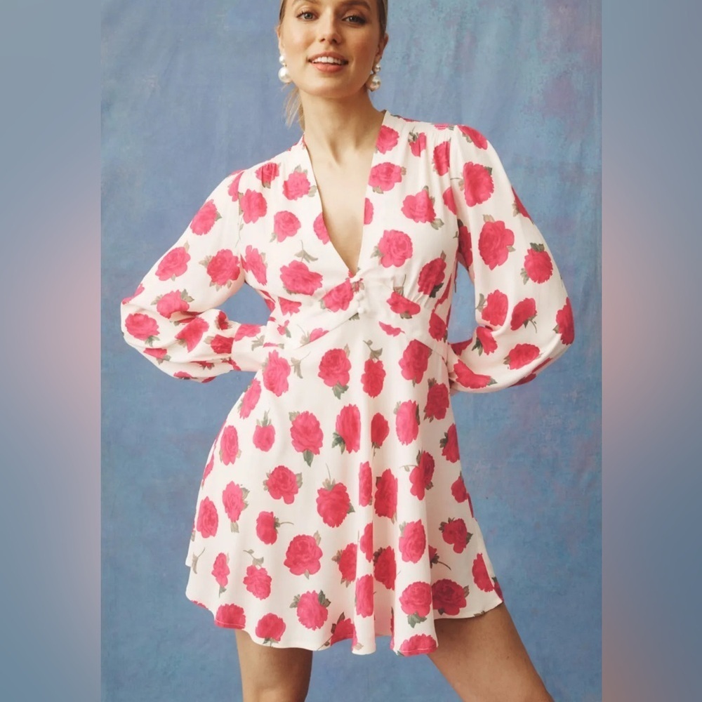Rixo x Rent The Runway Hebe Floral Mini Dress Pink Long Sleeve V Neck Size S